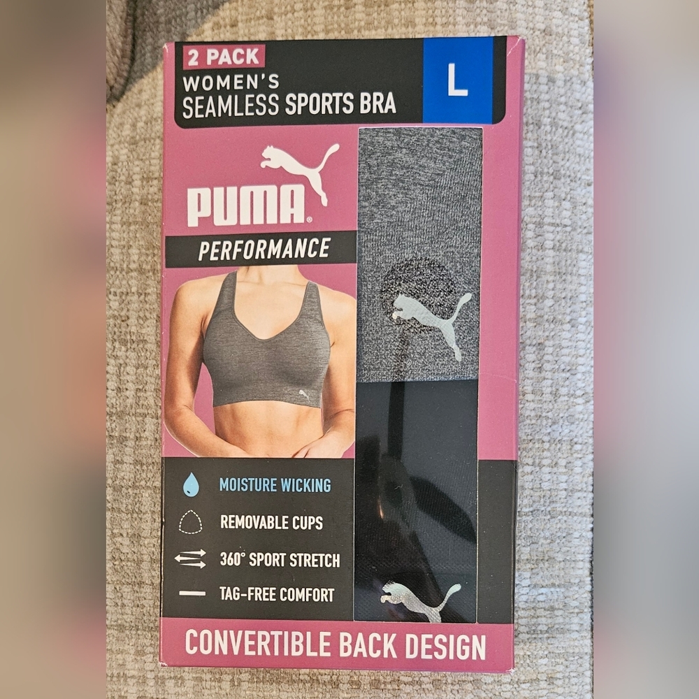 New in Pkg- PUMA PERFORMANCE- Convertable Back Sports Bra 2 Pack- Size Large